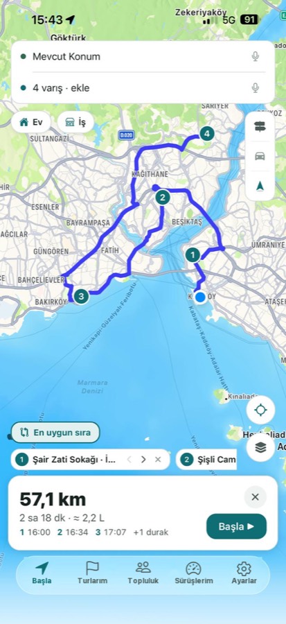 Kendi sırasıyla dört durak, toplam 57,1 km