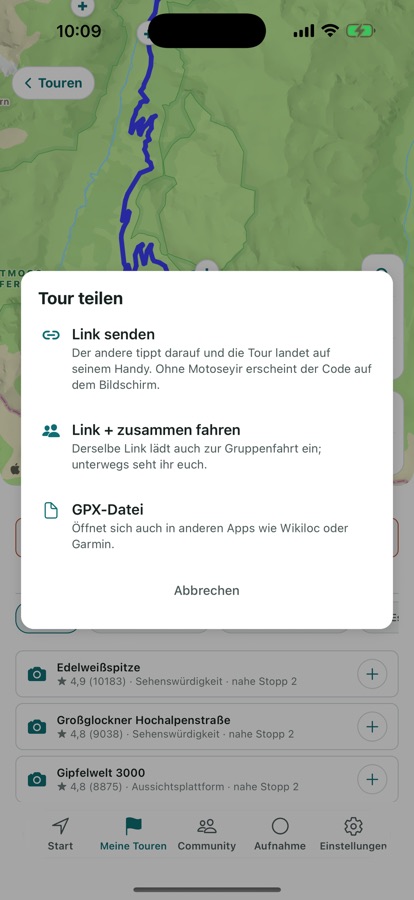 Live-Positionen der Freunde auf der Route während einer Gruppenfahrt