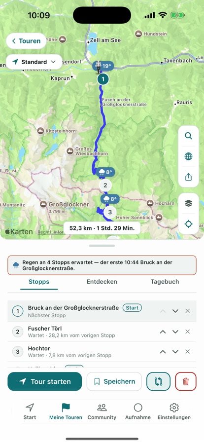 Wetterwarnung entlang der Route in der Tourplanung