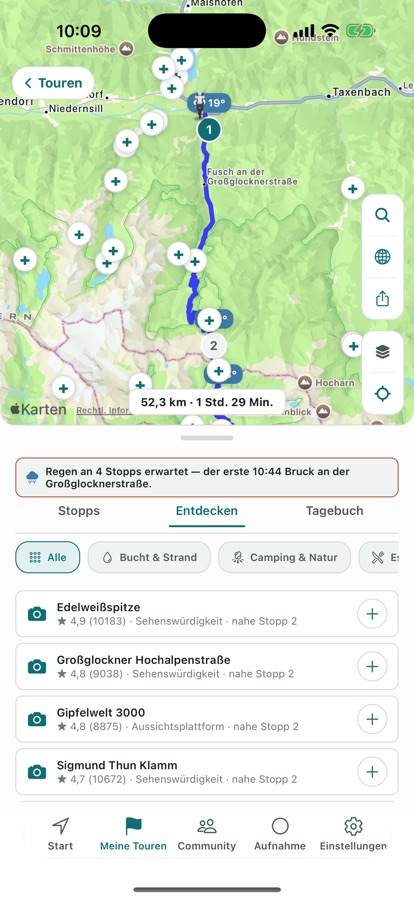 Der Entdecken-Bildschirm: Vorschläge entlang der Route