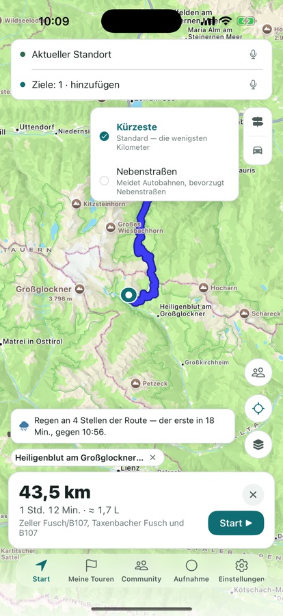 Eine im Nebenstraßenmodus gezeichnete Route, kurvig und mit Aussicht