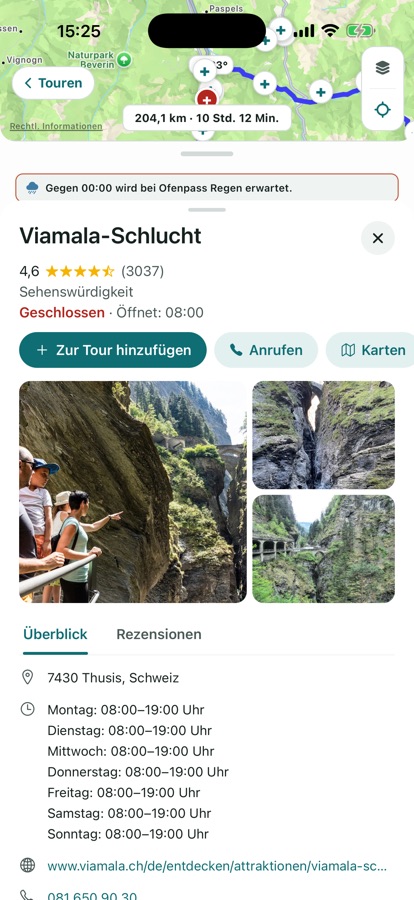 Die Detailansicht eines Ortes entlang der Route