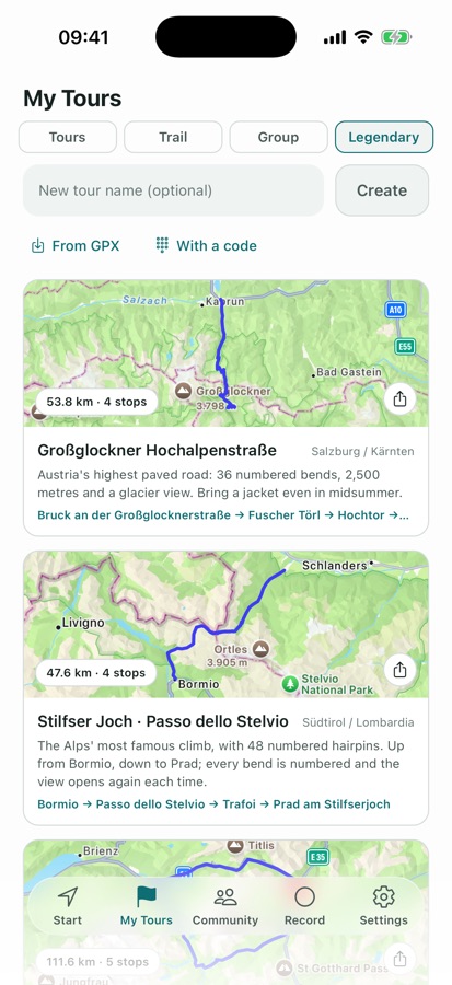 The list of ready-made legendary routes