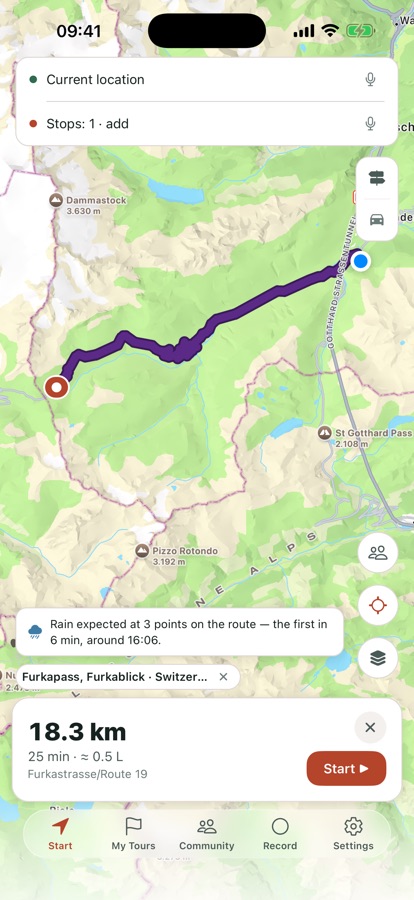 Screen comparing the shortest-distance route with the alternatives
