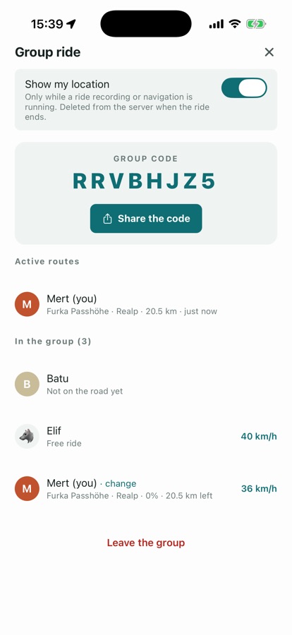 Friends’ live positions on the route during a group ride