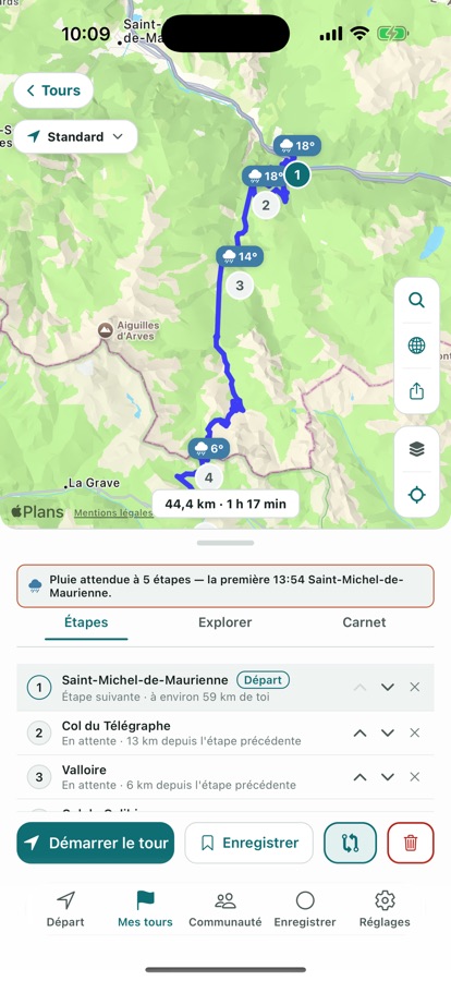 Alerte météo sur l’itinéraire dans le plan du tour