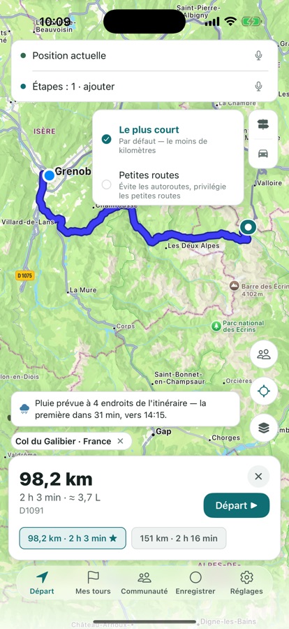 Un itinéraire tracé en mode Petites routes, plein de virages et de paysages