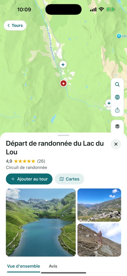 L’écran de détail d’un lieu le long de l’itinéraire