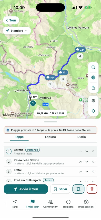 Avviso meteo sul percorso nella pianificazione del tour
