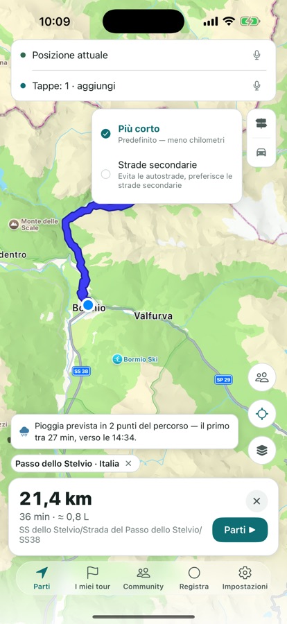 Un percorso tracciato in modalità Strade secondarie, pieno di curve e panorami