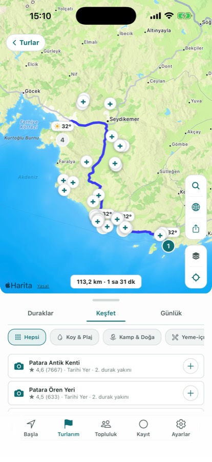 Keşfet ekranı: rotanın çevresindeki öneriler