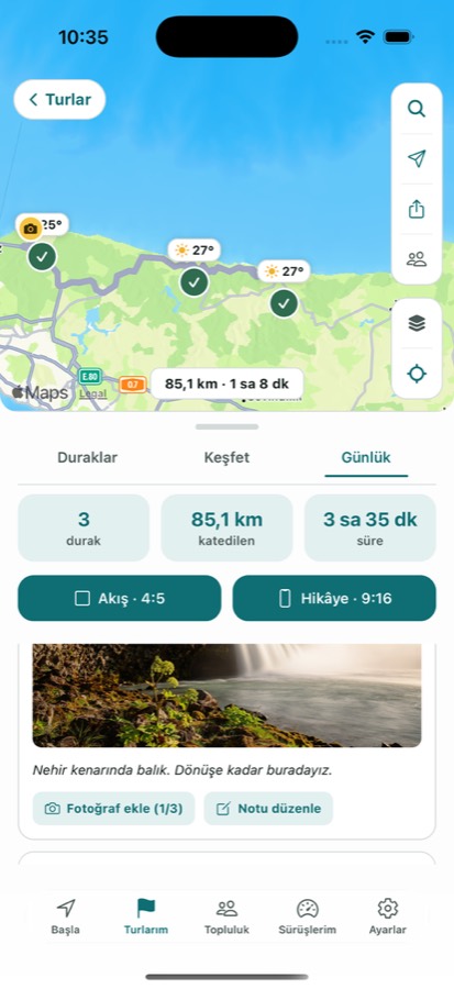Tur günlüğü: durak fotoğrafı ve not ekleme ekranı