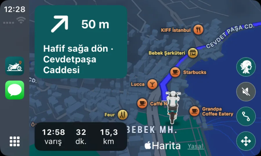 CarPlay ekranında Motoseyir navigasyonu