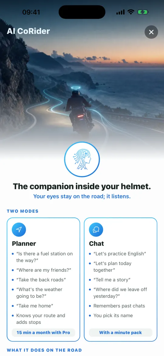 Scherm van AI CoRider: planner en chatopties