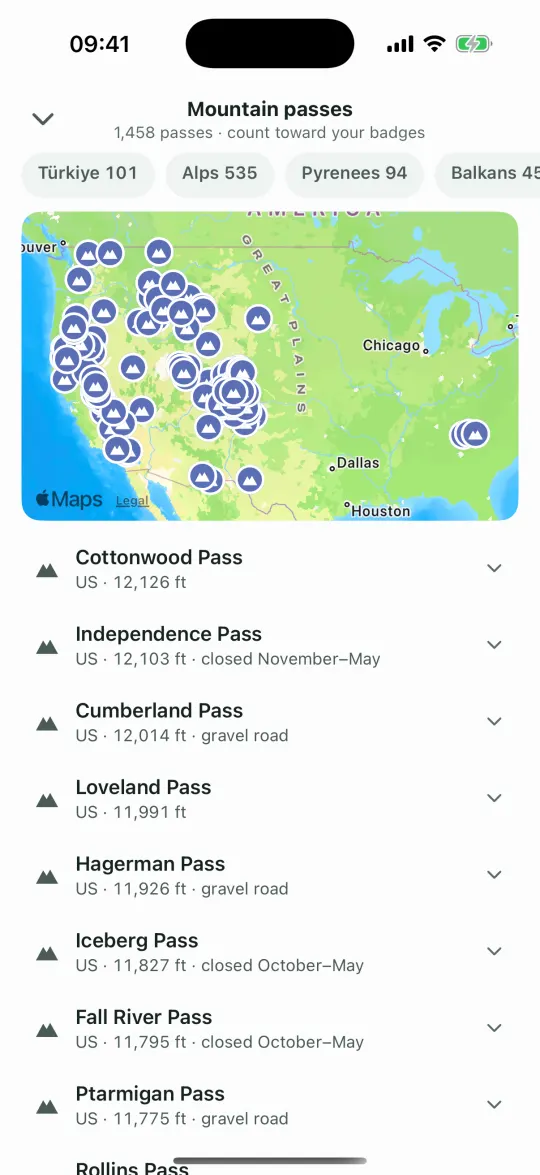 Scherm “Mountain passes”: een kaart van Alpenpassen met een hoogtelijst