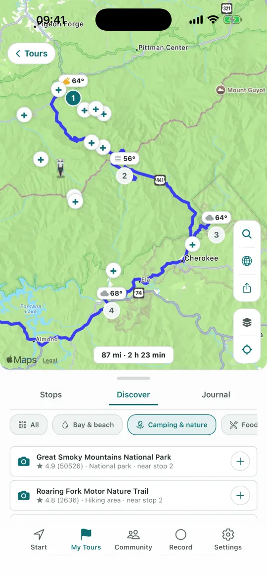 Scherm “Discover”: stops langs de route en hun lijst